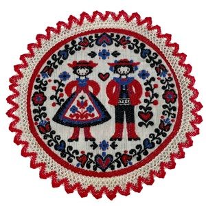 Vintage Australian Folk Art Cottagecore Needlepoint Thin Hot Pad Doily 7” Circle